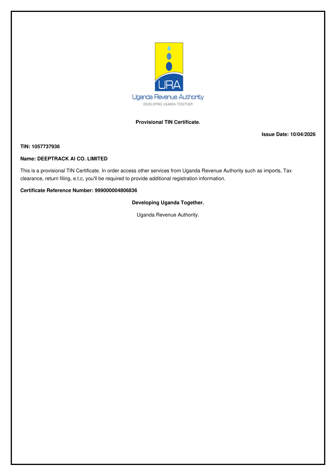 URA provisional TIN certificate