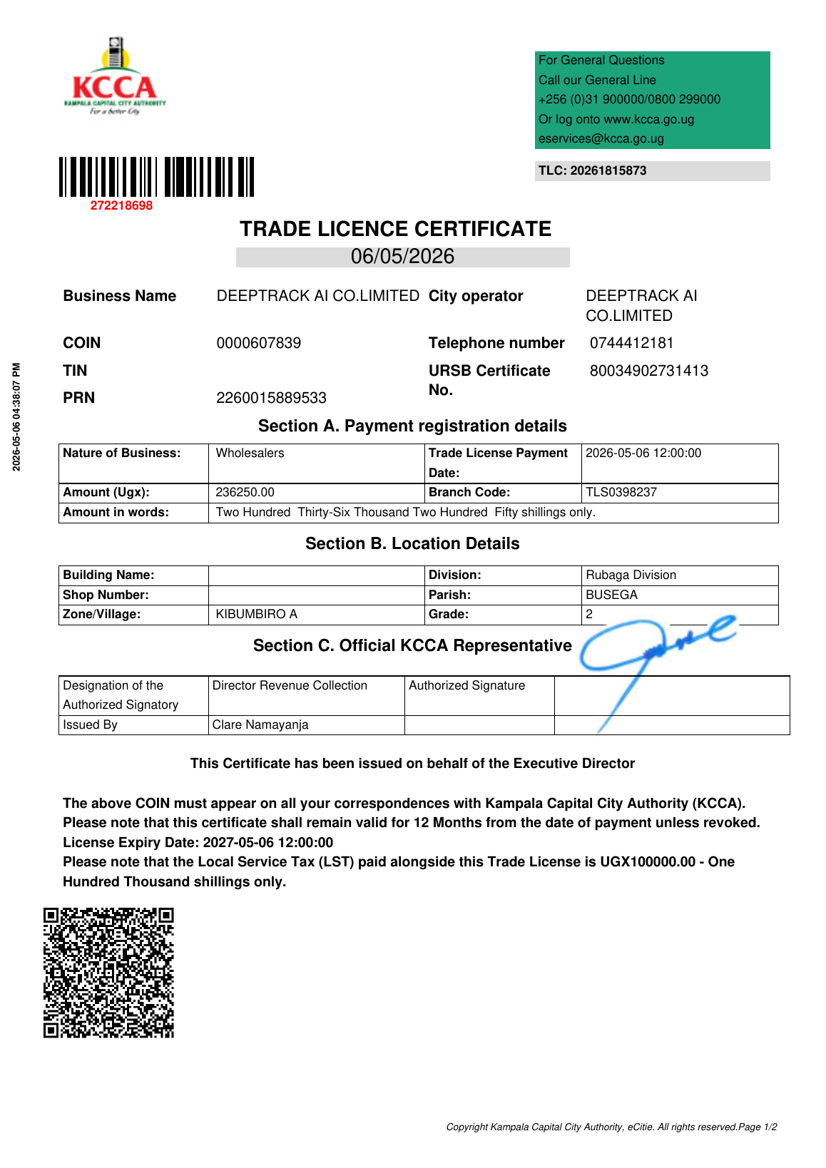 KCCA trade licence certificate page 1