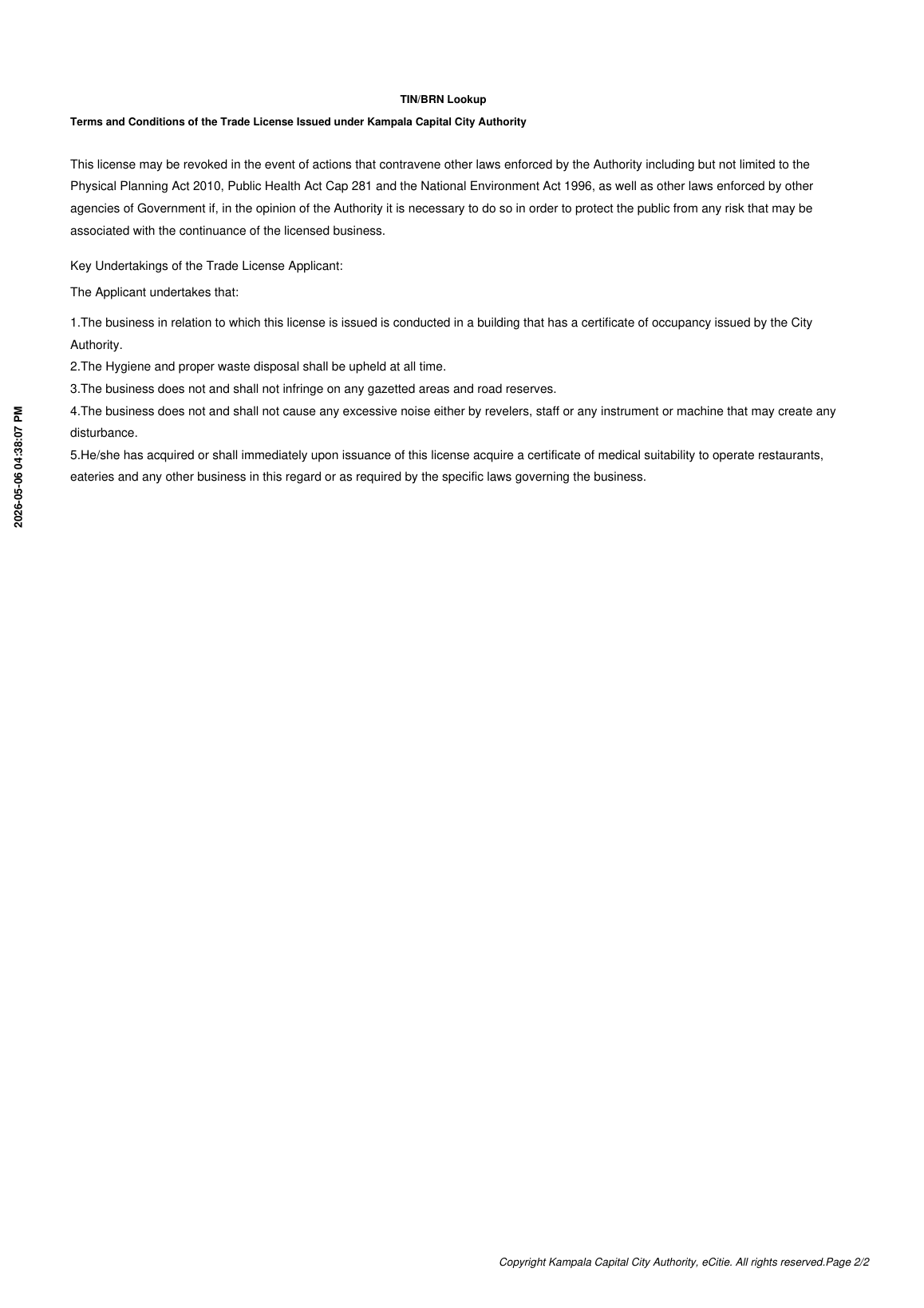 KCCA trade licence certificate page 2